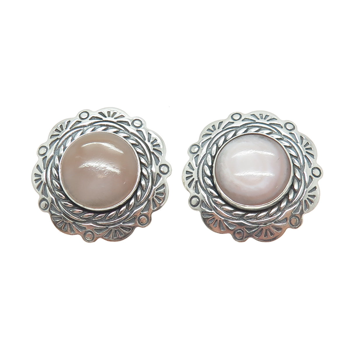 CAROLYN POLLACK 925 Sterling Silver Vintage Rose Mother-of-Pearl Ethnic Earrings