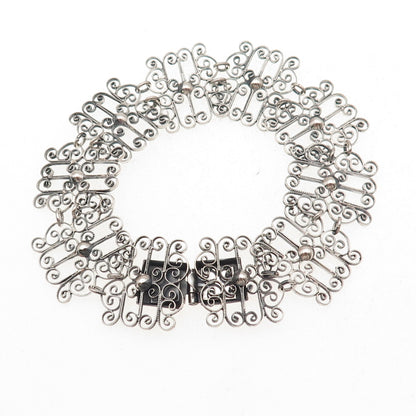835 Silver Antique Art Deco Floral Filigree Panel Link Oxidized Bracelet 7.25"