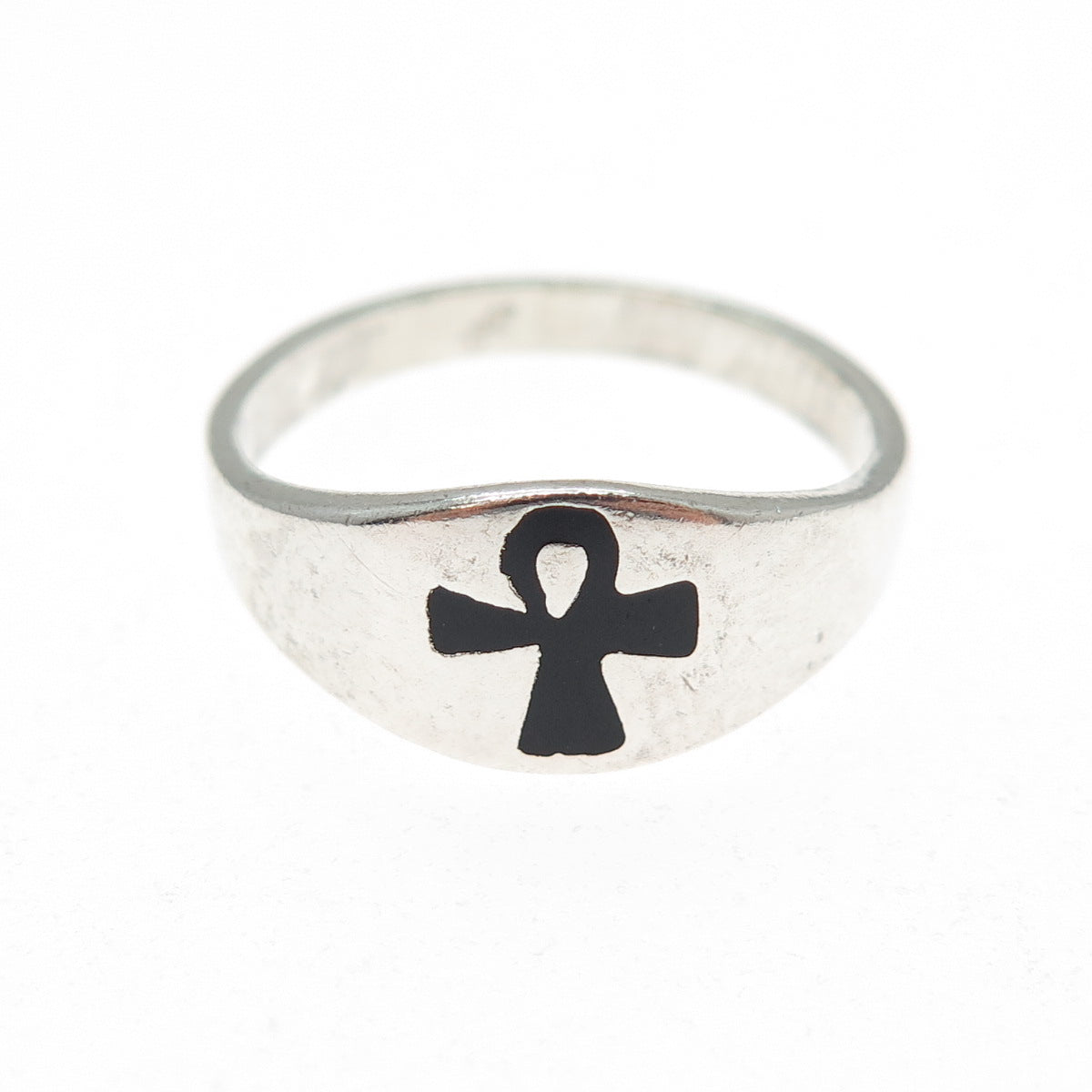 925 Sterling Silver Vintage Real Black Onyx Egyptian Ankh Ring Size 8