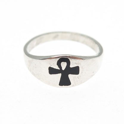 925 Sterling Silver Vintage Real Black Onyx Egyptian Ankh Ring Size 8