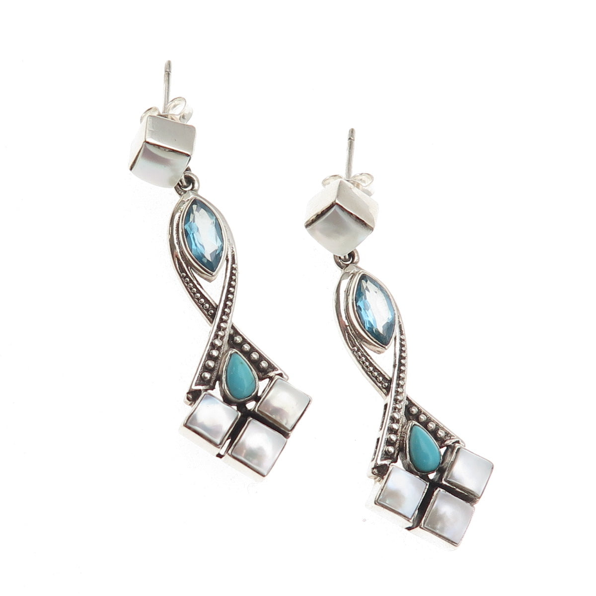 Nicky Butler 925 Sterling Silver Vintage Real Blue Topaz Turquoise MOP Earrings