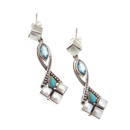 Nicky Butler 925 Sterling Silver Vintage Real Blue Topaz Turquoise MOP Earrings