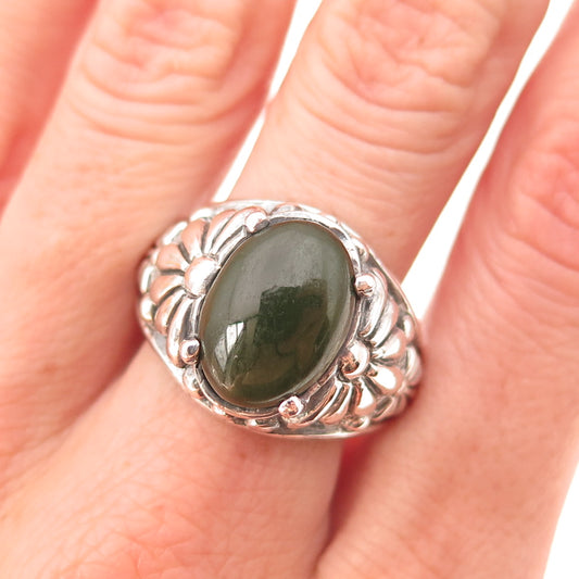 Kabana 925 Sterling Silver Vintage Real Jade Daisy Flower Oxidized Ring Size 10
