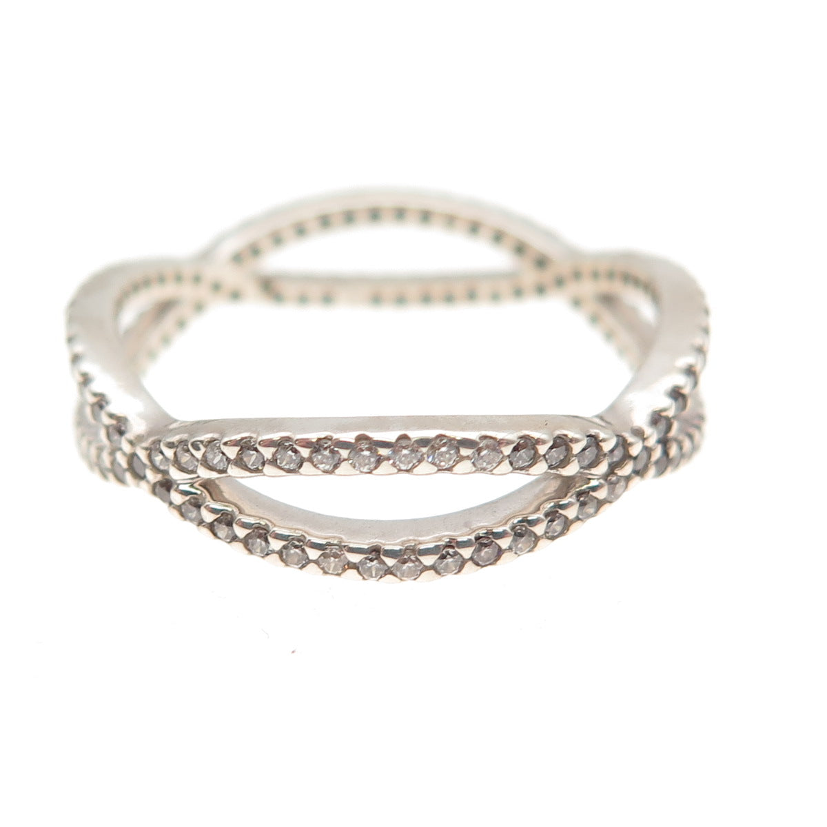 Pandora 925 Sterling Silver Round-Cut C Z Crossed Paths Ring Size 8.25