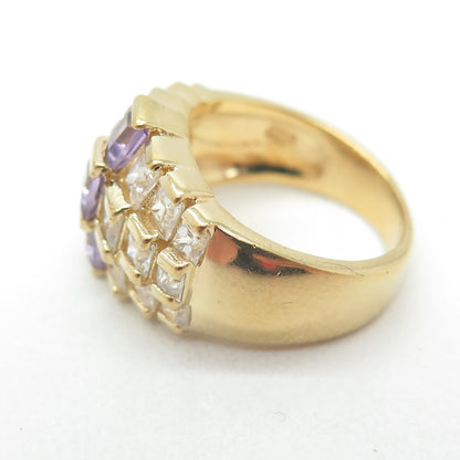 925 Sterling Silver Gold Plated Real Princess-Cut Amethyst & C Z Ring Size 4.75