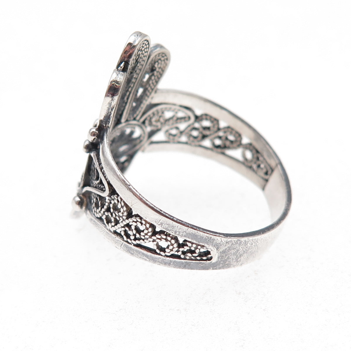 925 Sterling Silver Vintage Hamsa Amulet Filigree Oxidized Ring Size 10.25
