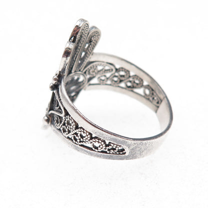 925 Sterling Silver Vintage Hamsa Amulet Filigree Oxidized Ring Size 10.25