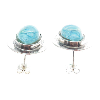 925 Sterling Silver Vintage Aqua Bubble Glass Modernist Earrings