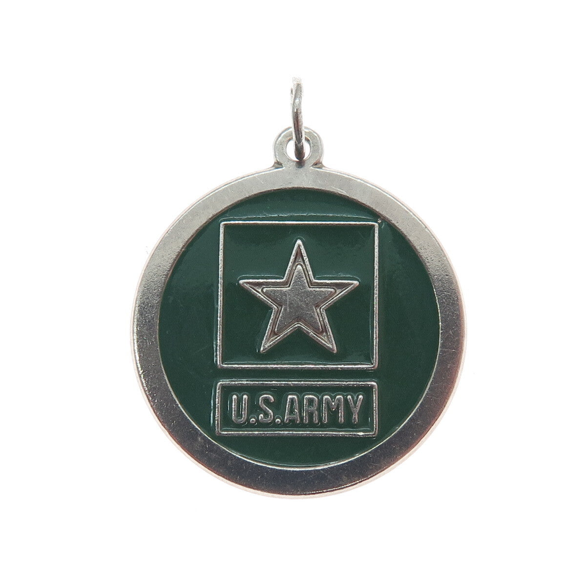 925 Sterling Silver Vintage Enamel US Army Star Round Dog Tag Charm Pendant