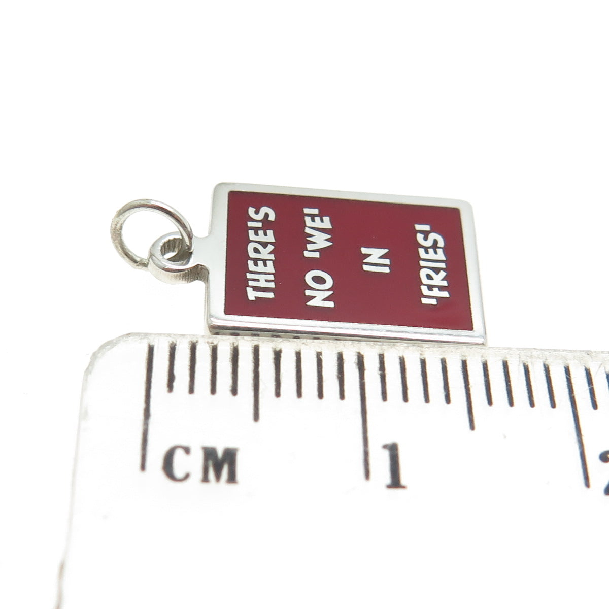 925 Sterling Silver Red Enamel "There's No We In Fries" Minimalist Charm Pendant