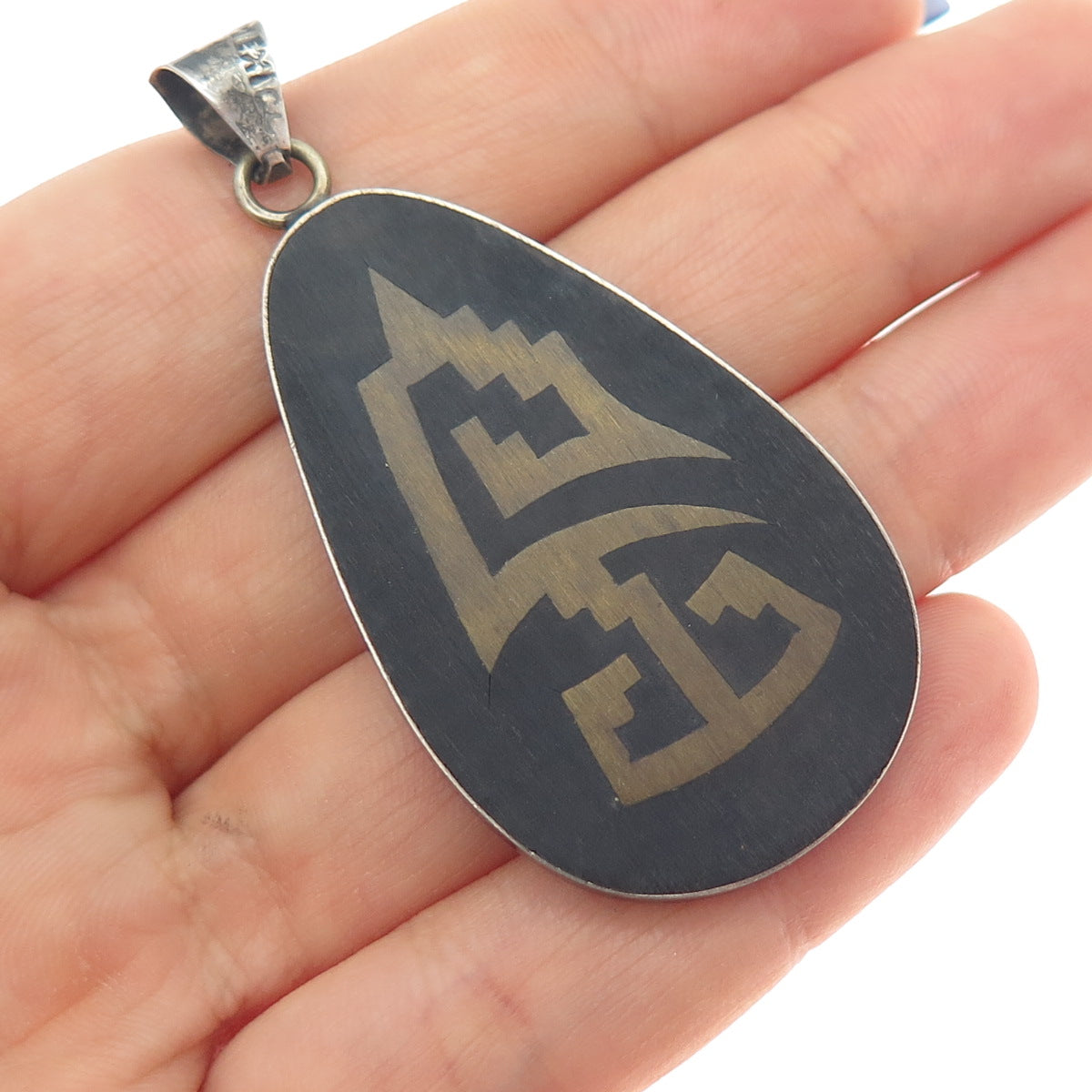 925 Sterling 2-Tone Vintage Metales Mexico Real Turquoise Inlay & Wood Pendant