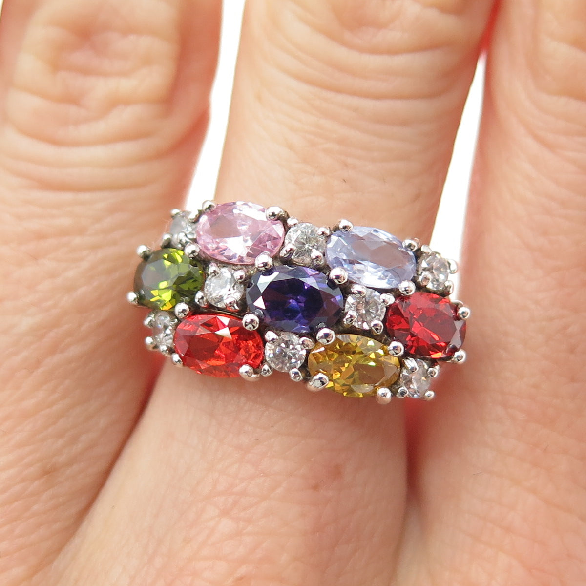925 Sterling Silver Oval & Round-Cut Multi-Color C Z Cluster Ring Size 9