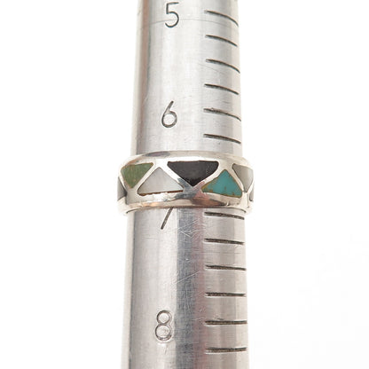 Old Pawn 925 Sterling Silver Vintage Turquoise Black Onyx MOP Tribal Ring Size 7