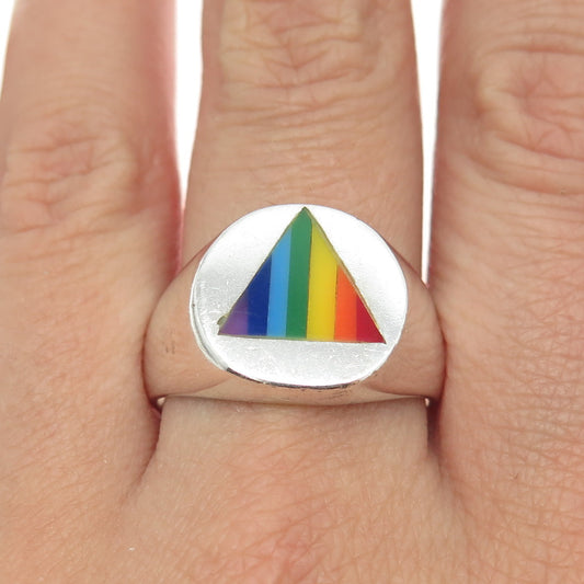 925 Sterling Silver Vintage Rainbow Enamel "Happy Pride" Signet Ring Size 11
