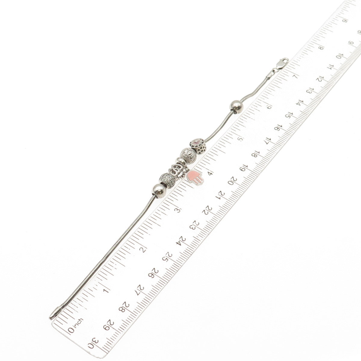 925 Sterling Silver Enamel & C Z Hamsa Multi-Charm Snake Link Bracelet 7"