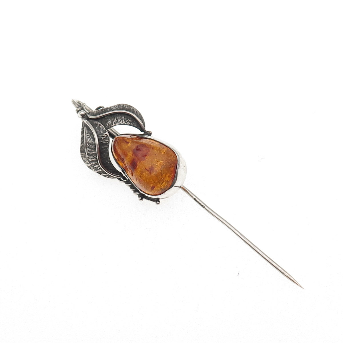 800 Silver Vintage JS Poland Real Amber Modernist Floral Oxidized Lapel Pin