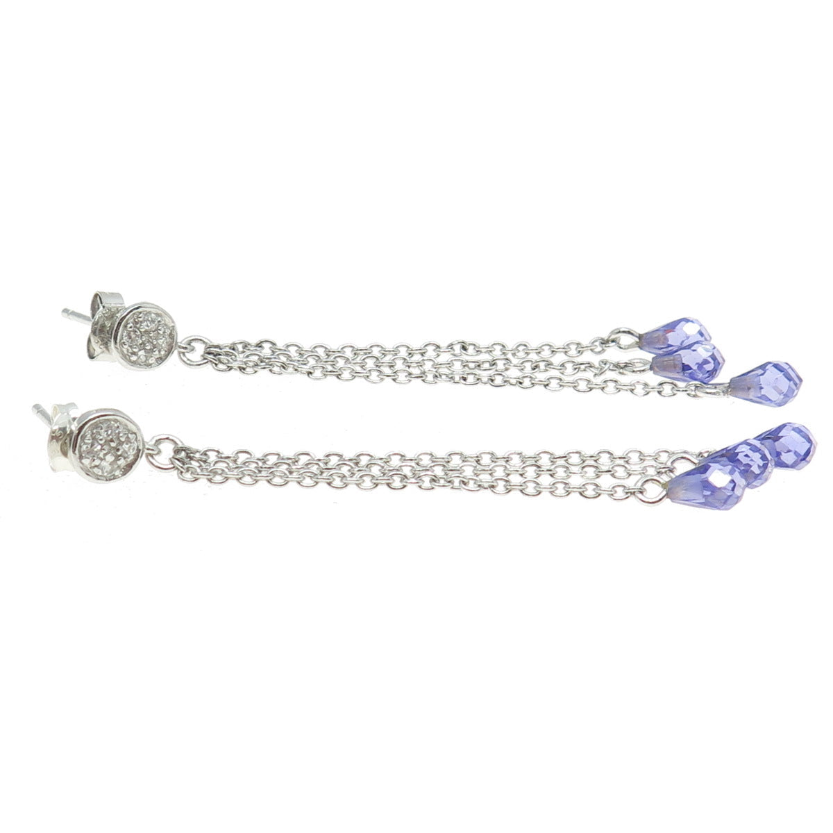 925 Sterling Silver Purple & White C Z Chain Drop Dangling Earrings