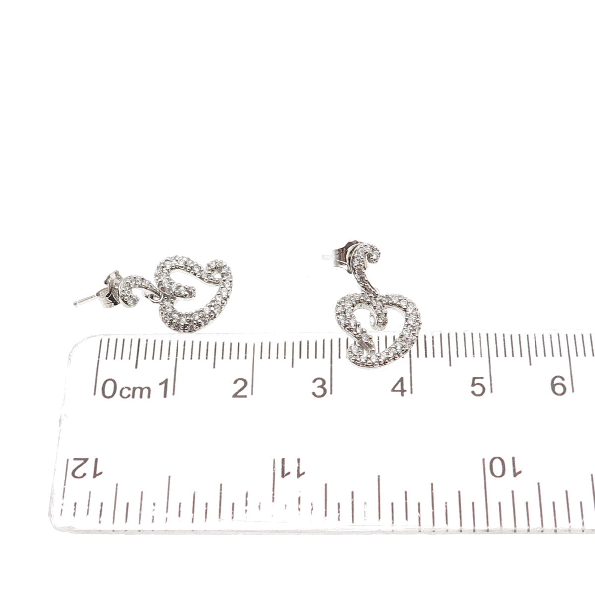 925 Sterling Silver Round-Cut C Z Heart Dangle Earrings
