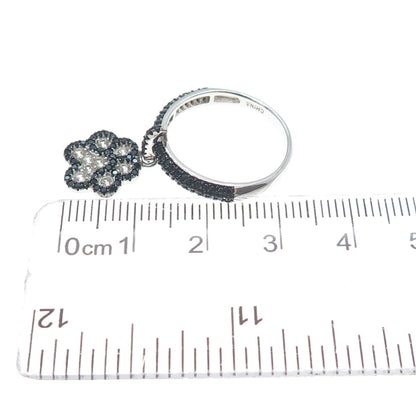 925 Sterling Silver Real Black Spinel & C Z Dog Paw Dangle Charm Ring Size 7.25