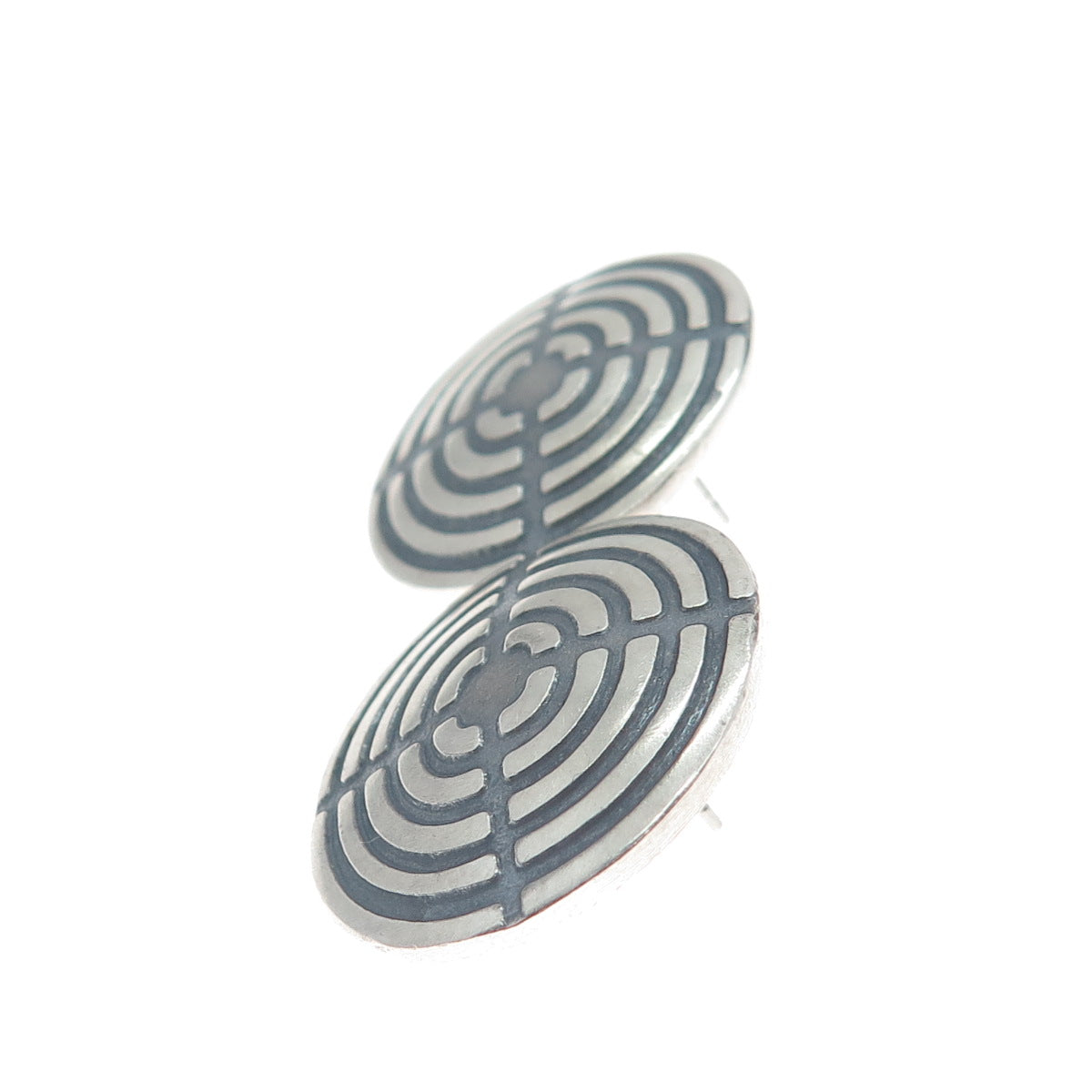 925 Sterling Silver Vintage Mexico Maze Oxidized Round Earrings