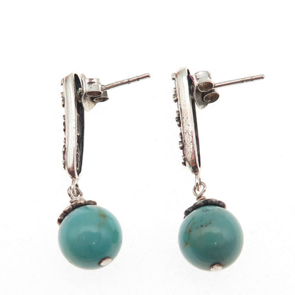 SX Sally C 925 Sterling Silver Vintage Real Ruby & Turquoise Dangle Earrings