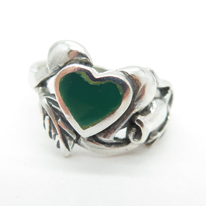 925 Sterling Silver Vintage Real Green Onyx Heart & Flower Ring Size 6.75