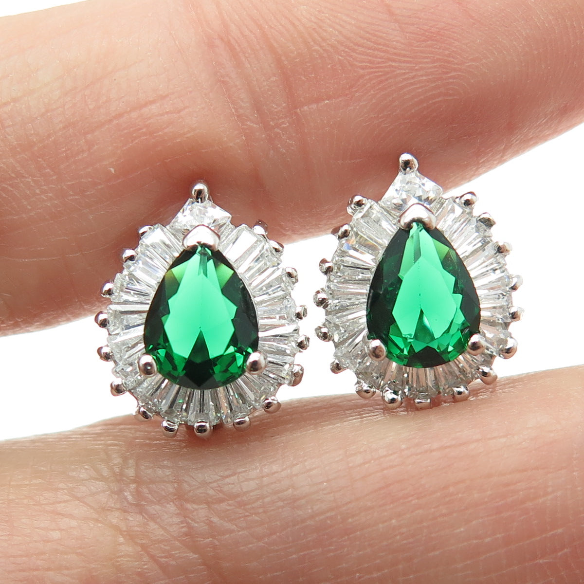 925 Sterling Silver Pear-Cut Nano Emerald & Tapered Baguette-Cut C Z Earrings