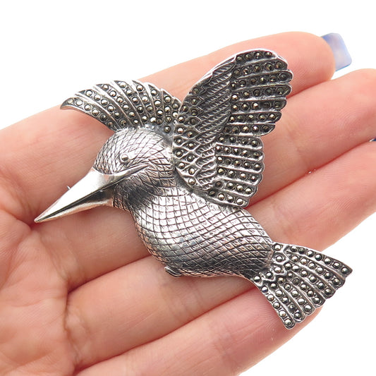 925 Sterling Silver Vintage Real Marcasite Hummingbird Oxidized Pin Brooch