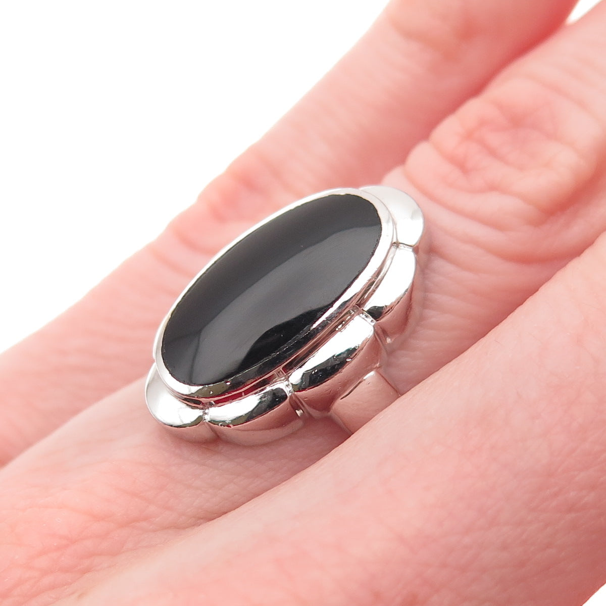 925 Sterling Silver Real Oval-Cut Black Onyx Floral Ring Size 6.25