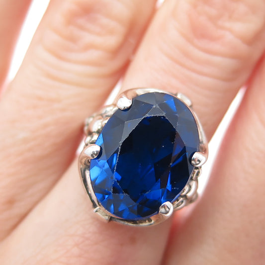 835 Silver Vintage European Lab-Created Sapphire Floral Oxidized Ring Size 6.5