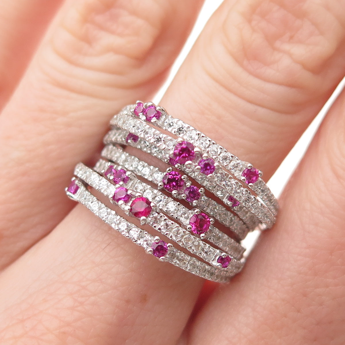 925 Sterling Silver Lab-Created Sapphire & C Z Crisscross Ring Size 6.25