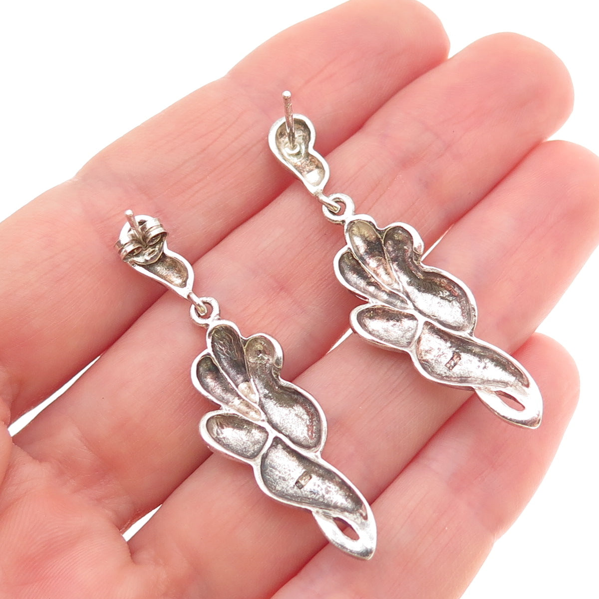 925 Sterling Silver Vintage Modernist Floral Dangle Earrings