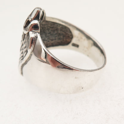 925 Sterling Silver Vintage Cross & Angel Wings Oxidized Ring Size 12.25