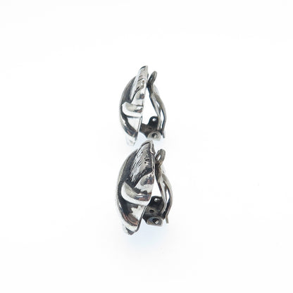 925 Sterling Silver Vintage Modernist Crisscross Oxidized Clip On Earrings