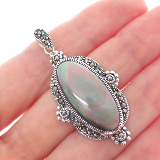 KEN CRAFTS 925 Sterling Silver Vintage Real Abalone Shell & Marcasite Pendant