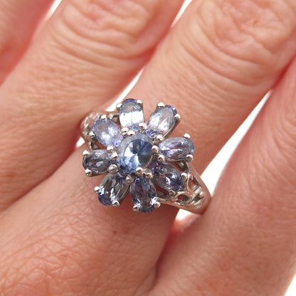 Chuck Clemency 925 Sterling Silver Real Oval-Cut Tanzanite Floral Ring Size 8