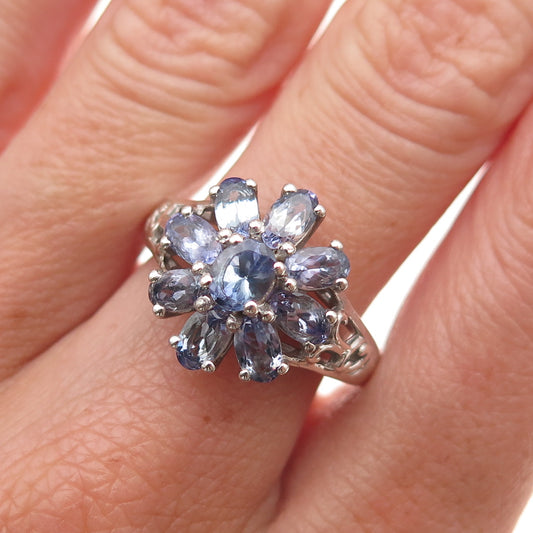 Chuck Clemency 925 Sterling Silver Real Oval-Cut Tanzanite Floral Ring Size 8