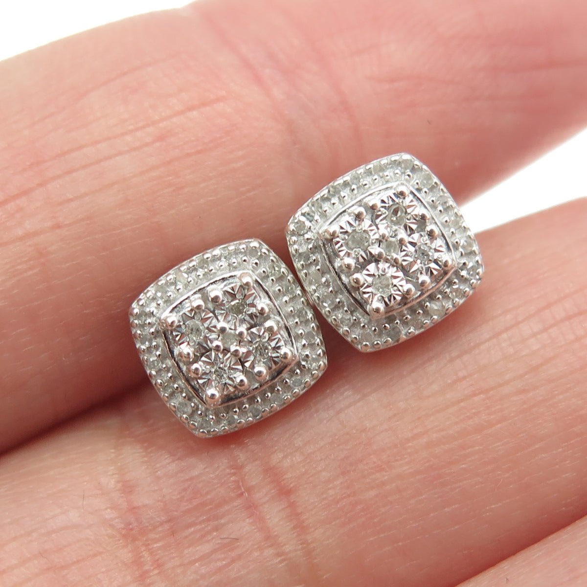 SK9 Allure Gems 925 Sterling Silver Real Round-Cut Diamond Square Stud Earrings