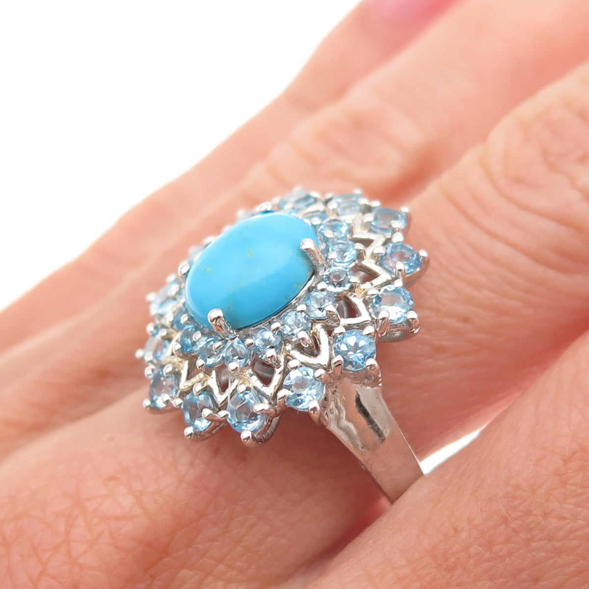 925 Sterling Silver Real Turquoise & Blue Topaz Ring Size 8.25