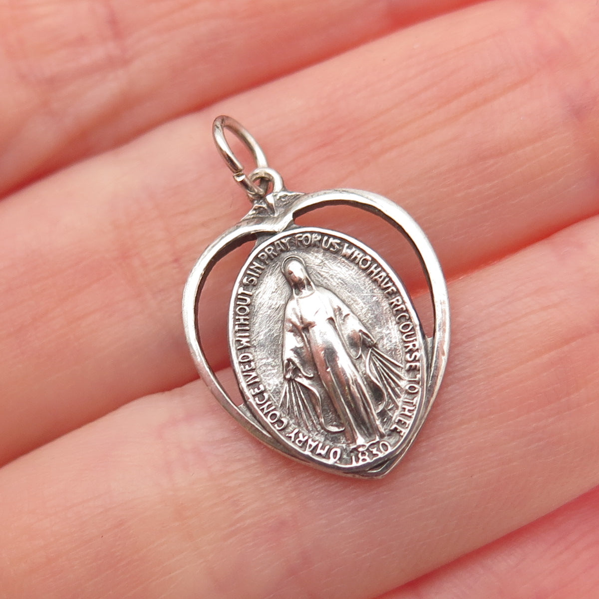 925 Sterling Silver Antique Art Deco St. Mary Heart Oxidized Mini Charm Pendant