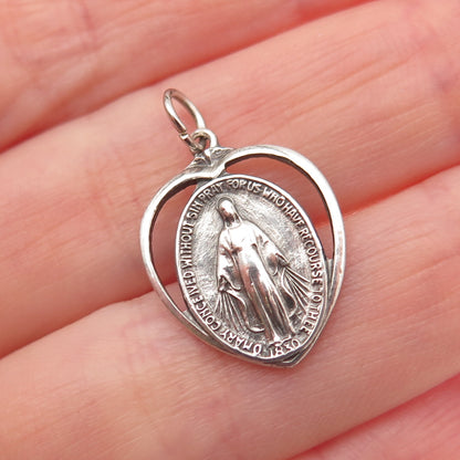 925 Sterling Silver Antique Art Deco St. Mary Heart Oxidized Mini Charm Pendant
