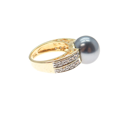 925 Sterling Silver Gold Plated Faux Pearl & C Z Ring Size 6