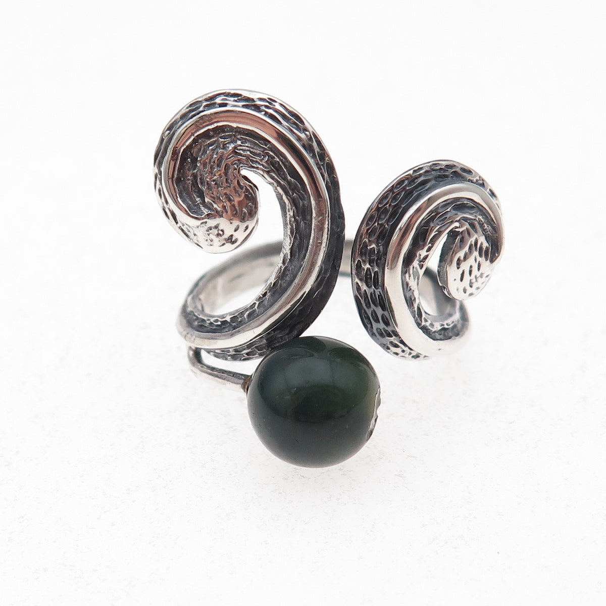 925 Sterling Silver Vintage Real Jade Modernist Adjustable Ring Size 7.5