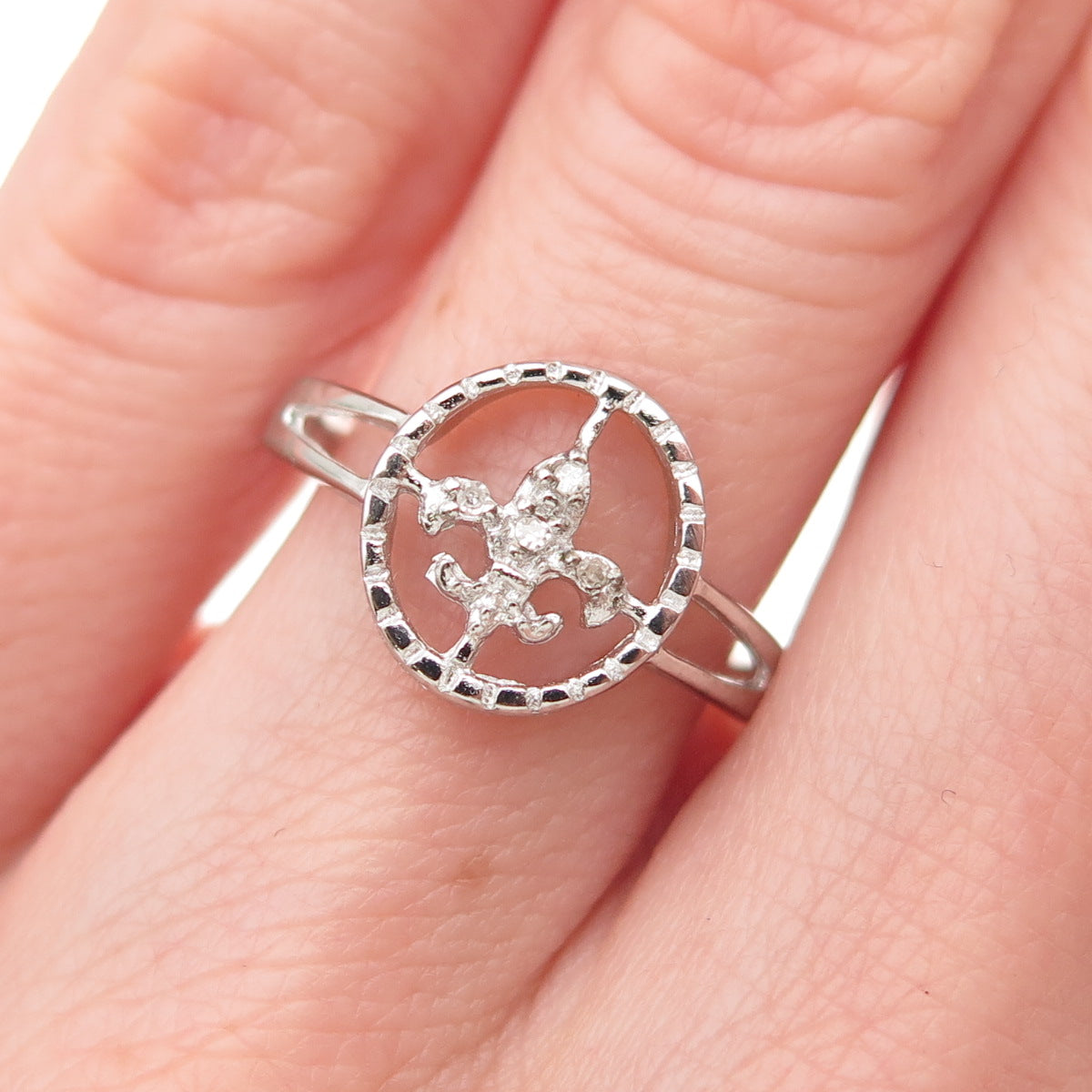 925 Sterling Silver Real Round-Cut Diamond Fleur de Lis Ring Size 6