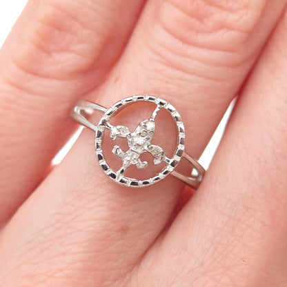 925 Sterling Silver Real Round-Cut Diamond Fleur de Lis Ring Size 6
