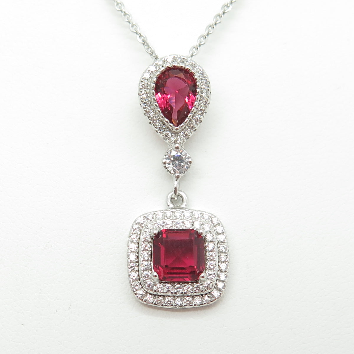 925 Sterling Silver Multi-Cut Pink & White C Z Cable Chain Necklace 16"