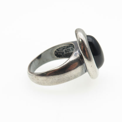 925 Sterling Silver Vintage Real Black Onyx Modernist Oxidized Ring Size 9