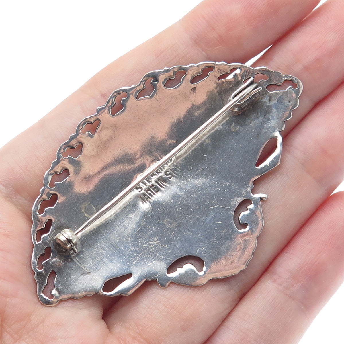 925 Sterling Silver Antique Siam Niello Hindu Goddess Fan Pin Brooch