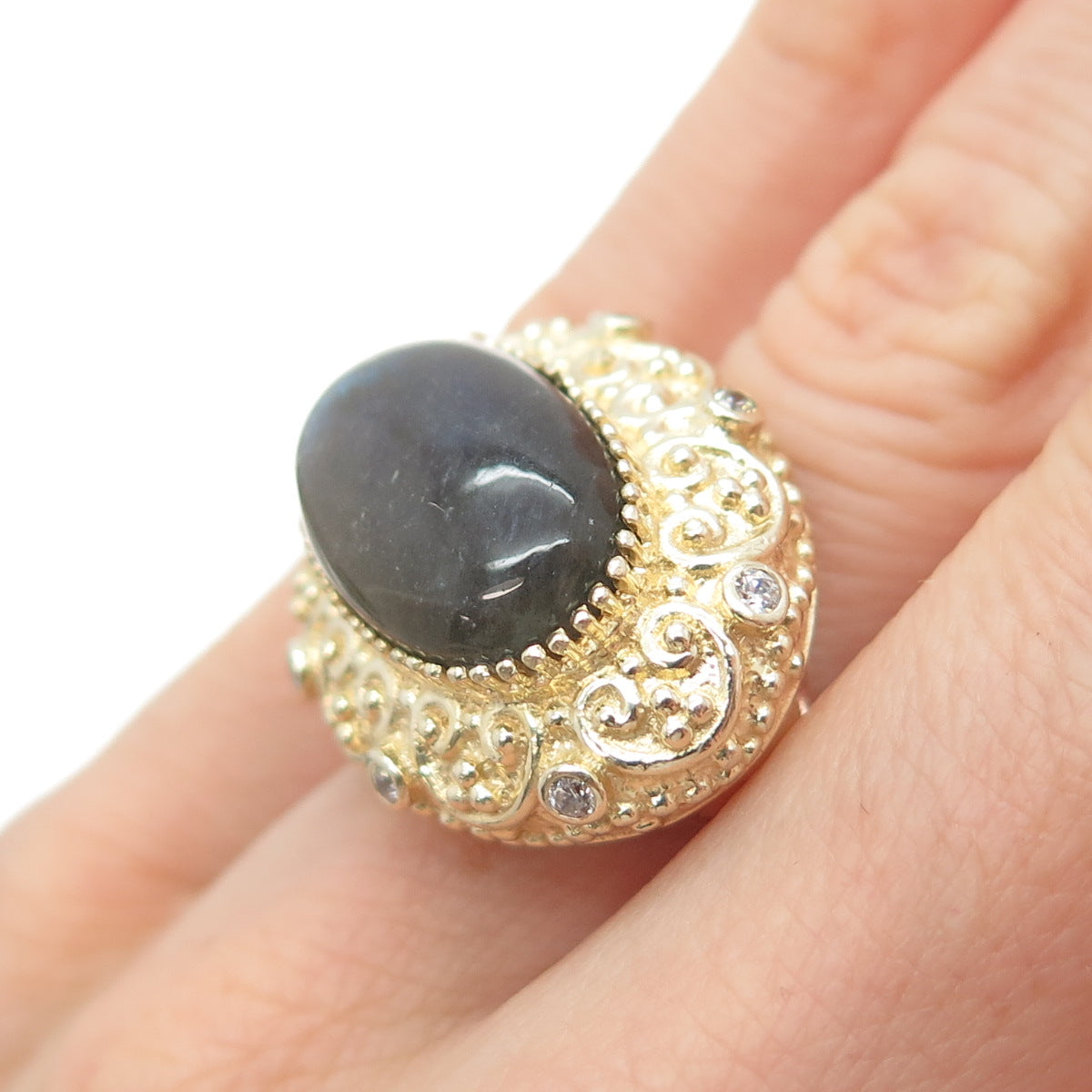 925 Sterling Silver Gold Plated Real Labradorite & C Z Ring Size 5.25
