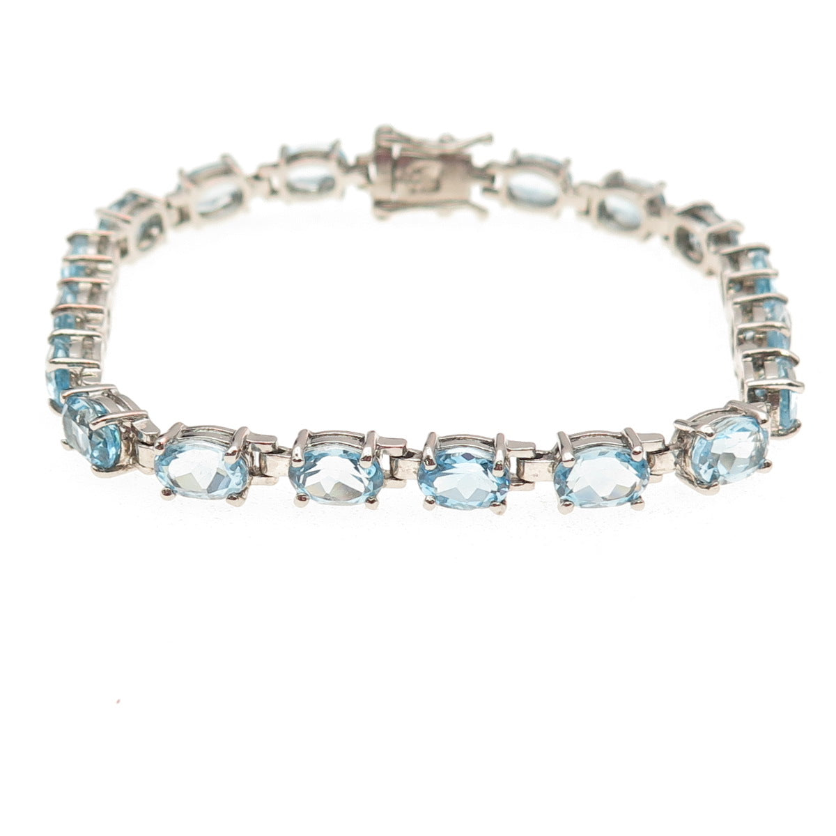 925 Sterling Silver Vintage Real Oval-Cut Blue Topaz Oxidized Bracelet 7.25"